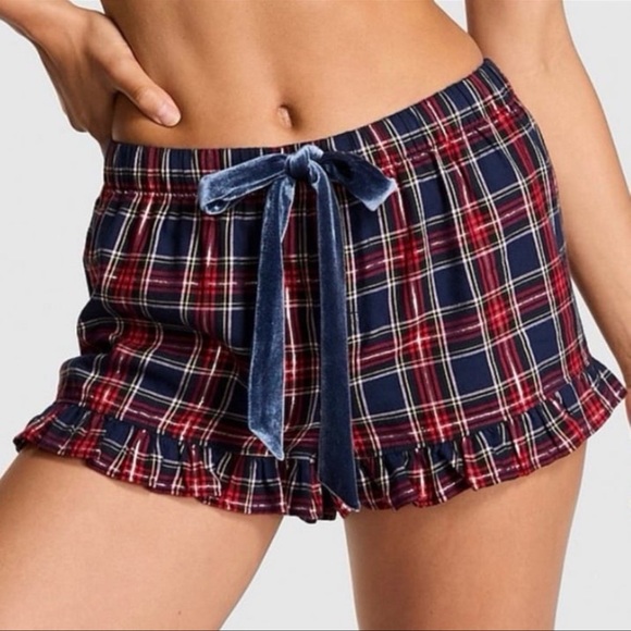 PINK VICTORIA'S SECRET Flannel Pajama Shorts Navy, Red & Silver Plaid Preppy XL - Picture 2 of 13